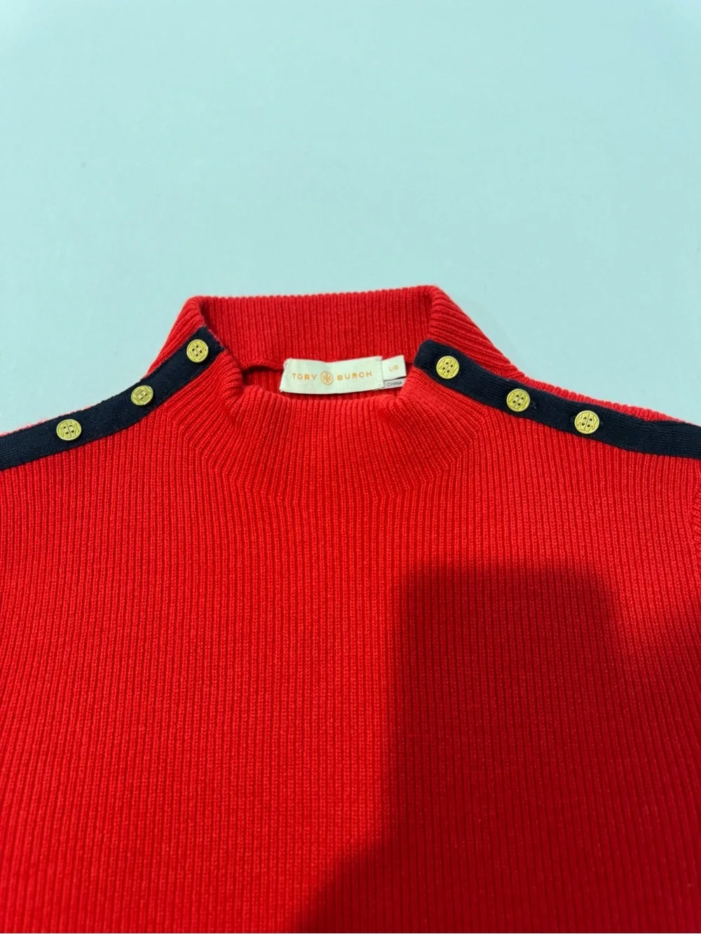 Tory Burch Sardy Merino Wool Sweater Dress Red Navy Gold Buttons L